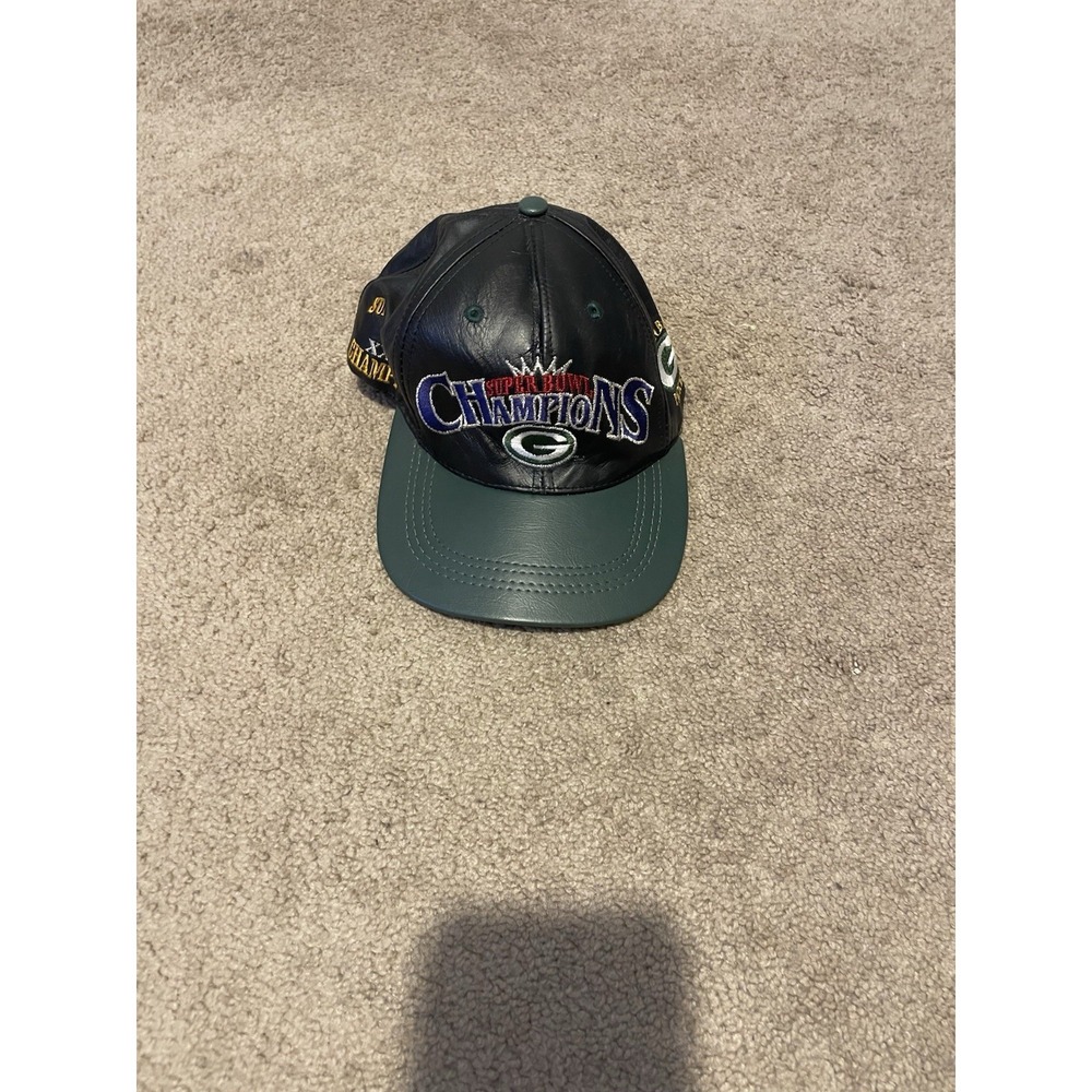 VTG Green Bay Packers Snapback Hat Super Bowl Champions Genuine Leather USA NFL